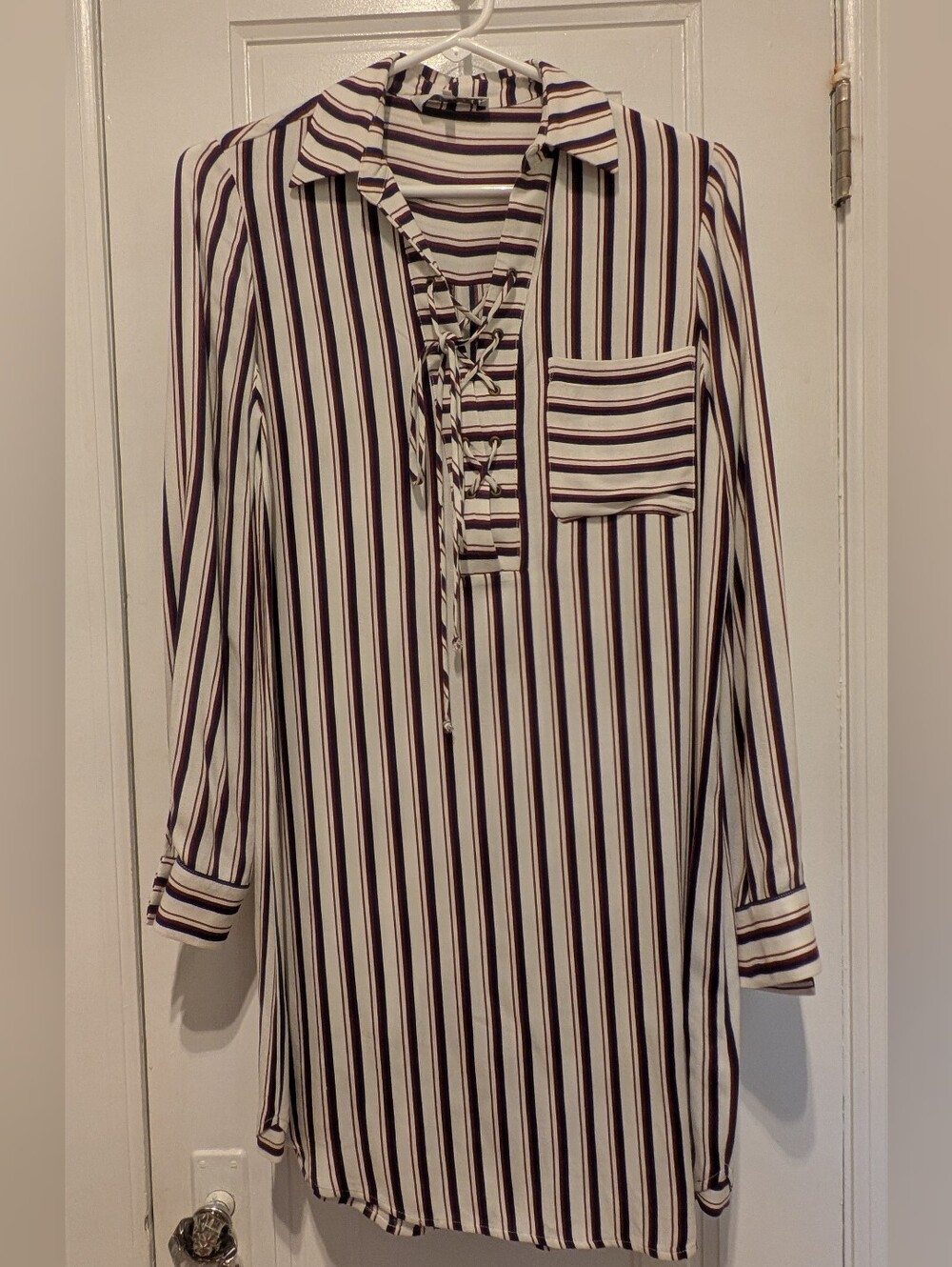 Striped Lace-Up Shift Dress in Ivory and Burgundy